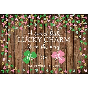 Imagem de DORCEV 1,8 x 1,2 m A Sweet Little Lucky Charm is On The Way Banner He Or She Gender Reveal Photography Backdrop What Will Baby Be Background Green Lucky Shamrocks Spring St. Patrick's Day Decor