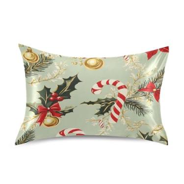 Imagem de SEHANY Fronha de seda verde com sinos de Natal para cabelo e pele, capa de almofada respirável super macia e macia com envelope para casa, quarto, hotel, padrão 50 x 76 cm