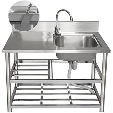 Imagem de Pia De Cozinha Em Aço Inoxidável 304, Lavatório Simples Com Bancada De Trabalho, Torneira De Água Quente E Fria Gooseneck 360°, Prateleira De Armazenamento De 3 Camadas, Comprimento: 80/100/120cm,