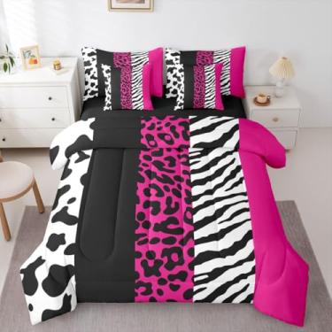 Imagem de Jogo de cama casal com 7 peças, estampa de zebra de vaca e guepardo rosa choque, conjunto de cama de animais de fazenda inclui edredom, conjunto de lençol, fronhas e fronhas, estampa de pele de animal