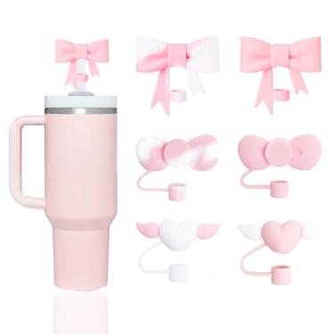 Imagem de GAISHION 6 peças de tampas de palha fofas rosa compatíveis com copos Stanley de 40/850.5 g, protetores de pontas de canudos de silicone reutilizáveis para acessórios de copo Stanleys de 10 mm