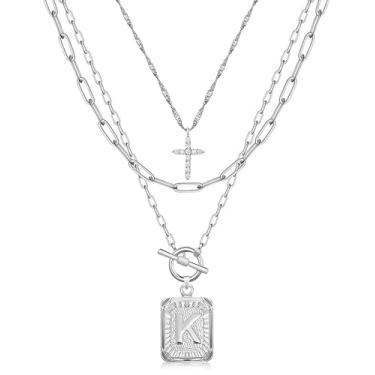 Imagem de MJartoria Colar com inicial em camadas para mulheres, moderno, latão banhado a ouro 14K, gargantilha com cruz simples, pingente de letra quadrada, colar de corrente de clipe de papel, joias, one size