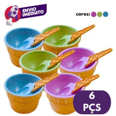 Imagem de Kit Pote Potinho Plástico Colorido Sorvete Sobremesa Açaí Com Colher T