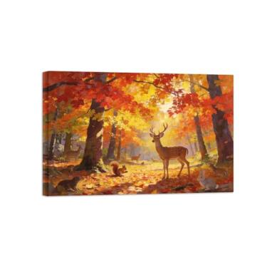Imagem de Impressão em tela de paisagem de arte de parede - Animais da floresta de outono - Pintura de decoração - Imagens para sala de estar pronta para pendurar tela embrulhada 50 x 75 cm 20 x 30 pol