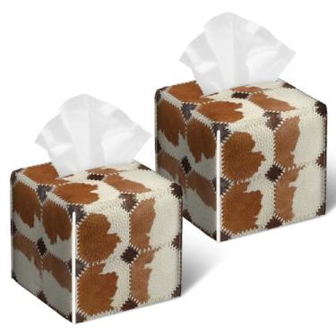 Imagem de Capa de caixa de lenços de couro marrom 2 peças, suporte de caixa de lenços de couro de vaca quadrada facial caixa de lenços organizador de cubo para banheiro, quarto, mesa, escritório