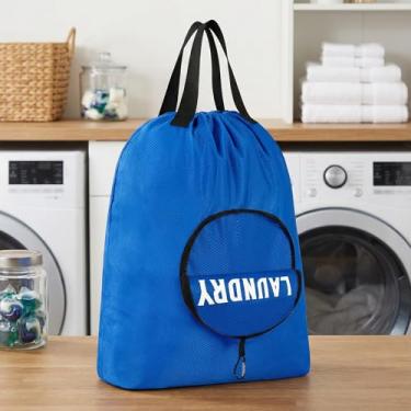 Imagem de Saco de roupa suja com alça, bolsa de lavanderia de viagem, lavável na máquina, organizador de roupas sujas, fácil de encaixar em um cesto de roupa suja, azul