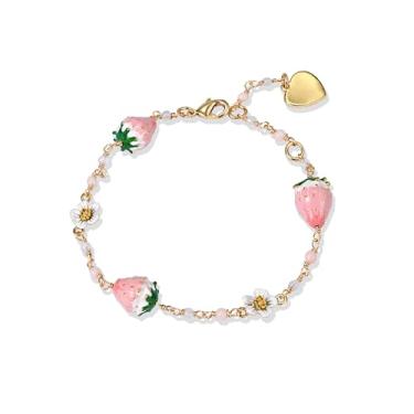 Imagem de Psycheer Pulseira feminina de morango, banhada a ouro 18 quilates, joia floral de frutas fofas, presente para aniversário de aniversário