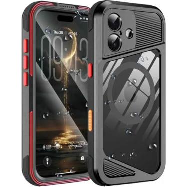 Imagem de Hllhunkhe Capa de metal para iPhone 17, capa à prova d'água IP68 à prova de poeira, compatível com MagSafe, protetor de tela integrado, capa robusta à prova de choque, preta