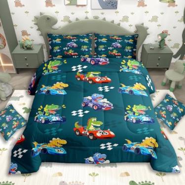Imagem de jejeloiu Conjunto de edredom de dinossauro, desenho animado para todas as estações, com 1 fronha, microfibra de carro de corrida, roupa de cama de solteiro, para decoração de quarto, edredom
