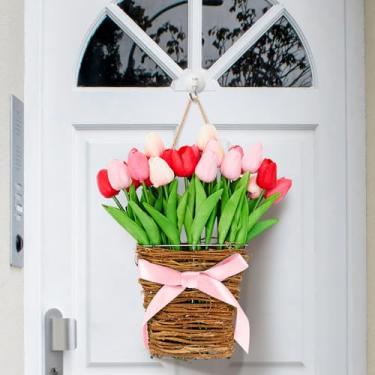 Imagem de Guirlanda de cesta de porta de tulipas com 20 peças de 38 cm, tulipas falsas, flores artificiais, primavera, casa de fazenda, presente para pendurar na porta da frente, janela, varanda, festa