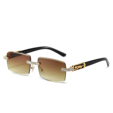 Imagem de Óculos de Sol de Luxo com Strass, Retangulares, para Festas, com Efeito Diamante Brilhante e Proteção UV400 (Chá Dourado)