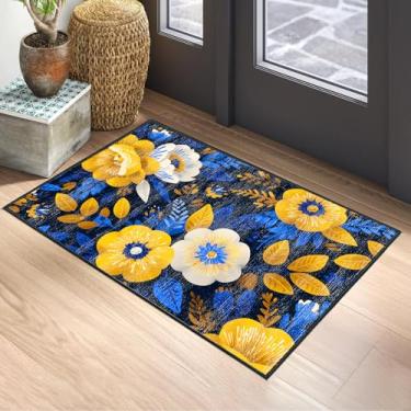 Imagem de Tapete moderno boho antiderrapante de 5 x 7 m - Tapete lavável com padrão floral amarelo marinho para sala de estar, quarto, entrada, escritório, tapete lavável à máquina