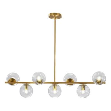 Imagem de Lustre Sputnik de 7 lâmpadas com globos de vidro transparente, estilo moderno de meados do século XX, com acabamento em latão dourado, ideal para cozinha, sala de jantar e sala de estar.