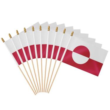 Imagem de Pacote com 12 bandeiras de mão da Groenlândia 12 x 20 cm em bastão de madeira, mini bandeiras portáteis Greenlander, decoração de festa, desfiles, festivais, celebrações.