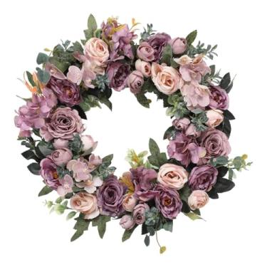 Imagem de Fancyes Guirlanda artificial para pendurar na parede, ideal para decoração de porta de entrada. Arranjo floral para interiores, guirlanda de 45 cm de diâmetro, Roxo