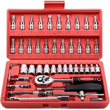 Imagem de Jogo de Soquete Kit com 46 peças Ferramentas Chave Catraca Conjunto de Soquetes Métricos Sextavadas Chave Allen Torx e Barra de Extensão Reparos Automotivos e Domésticos Premium