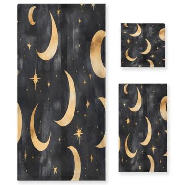 Imagem de xigua Conjunto de toalhas de banheiro luas e estrelas de folha dourada absorvente toalha de banho macia de 3 peças toalha de mão toalhas decorativas para banheiro, academia, hotel, praia, piscina