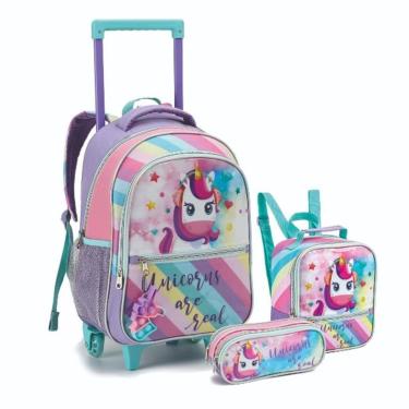 Imagem de Kit Mochila Rodinha Lancheira Térmica Estojo Duplo Infantil Escolar Unicórnio-Feminino
