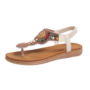 Imagem de Sandálias rasteiras femininas estilo boêmio com contas elásticas para uso casual de verão, Bege, 39