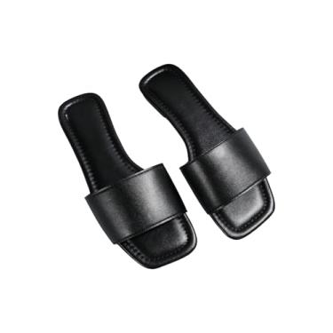 Imagem de GORGLITTER Sandálias rasteiras femininas confortáveis e elegantes de couro com bico quadrado sem cadarço, Preto, 37