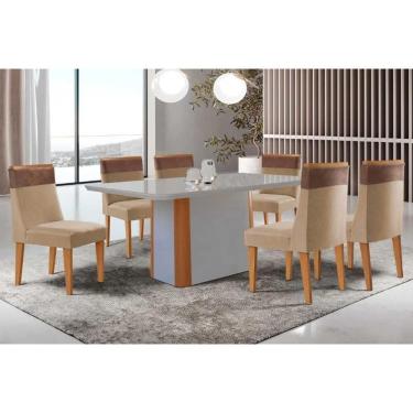 Imagem de Conjunto: Mesa Sala Jantar Pietá c/ Tampo Madeirado c/ Vidro Canto Curvo 180x90cm e 6 Cadeiras Jaspe Naturale/Off White - Linho Bege - Rufato