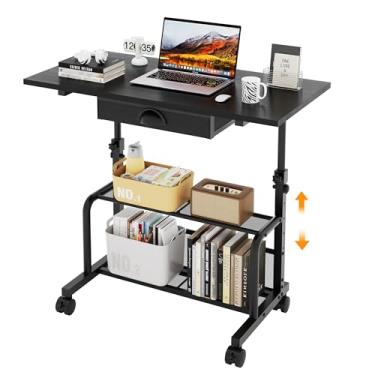 Imagem de Bosimeca Mesa de computador pequena de altura ajustável com gavetas, mesa portátil com rodinhas para uso sentado, mesa de laptop de 81 cm para escritório em casa, quarto, sala de estar, preta