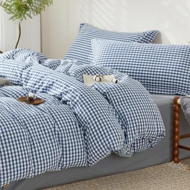 Imagem de SAPHREAS Conjunto de capa de edredom guingão, tamanho king, 100% algodão lavado, linho, xadrez, com fecho de zíper e laços nos cantos (sem edredom), 104 x 239 cm, azul-marinho