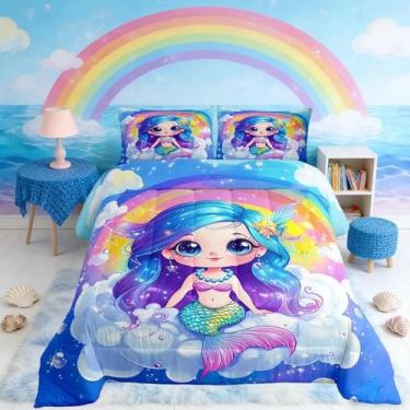 Imagem de Feelyou Conjunto de edredom de sereia, para todas as estações, decoração de princesa, 1 fronha, arco-íris, roupa de cama solteiro, vida oceânica, animais marinhos, edredom macio e leve