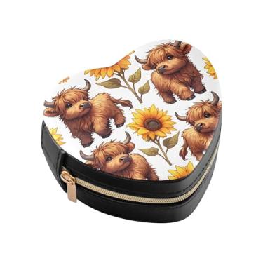 Imagem de Burbuja Caixa de joias Highland Cows Girassóis em forma de coração, mini estojo de viagem para mulheres e meninas, estojo portátil organizador de armazenamento para brincos, anéis, colares e pulseiras