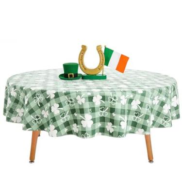 Imagem de OUTCREATOR Toalha de mesa redonda para Dia de São Patrício, toalha de mesa de vinil xadrez verde trevo impermeável com forro de flanela, capa de mesa de plástico limpável com mola de trevo irlandês