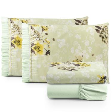 Imagem de Jogo Cama Lençol Fiore Queen Estampado 180 Fios 100% Algodão com Babadinho 4 Peças Verde Floral