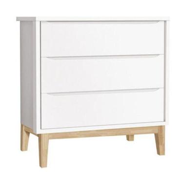 Imagem de Cômoda Infantil Classic 3 Gavetas Branco Fosco Com Pés Madeira Natural - Reller Móveis Branco Fosco