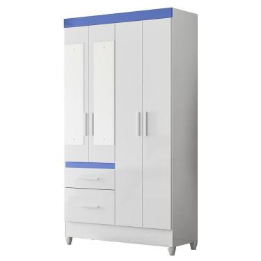 Imagem de Guarda Roupa Solteiro Madri 4 Portas E 2 Gavetas Flex Branco Azul Com Espelho Moval Branco Azul