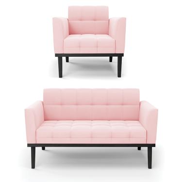 Imagem de Sofá Namoradeira e Poltrona Base de Madeira Preto Elisa Suede Rosa Bebê D03 - D'Rossi