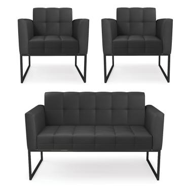 Imagem de Kit 1 Sofá Namoradeira e 2 Poltronas Elisa Corino Preto Base Metálica Industrial Preto D03 - D'Rossi