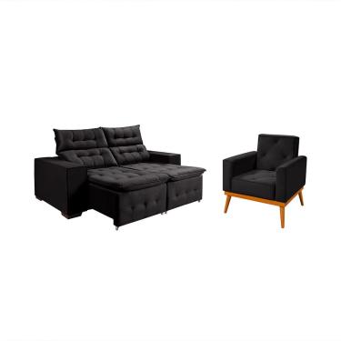 Imagem de Kit Sofá Bari Retrátil Reclinável 1,90m Pillow + Poltrona Florença Espuma Premium - Preto Veludo