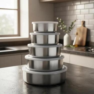 Imagem de Jogo Conjunto De Tigelas Aço Inox Bowl Potes Com Tampa 5 Pçs - IDEAL