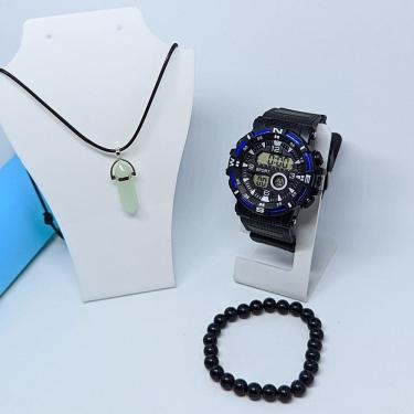 Imagem de Kit Relógio Infantil Militar Digital LED Cronômetro Calendário Esportivo + Colar cordão Pedras pendulo + Pulseira