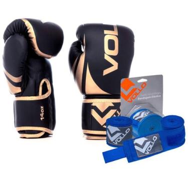Imagem de Kit Boxe MuayThai Luva 14oz Dourada + Bandagem 3M Azul Vollo - Vollo S