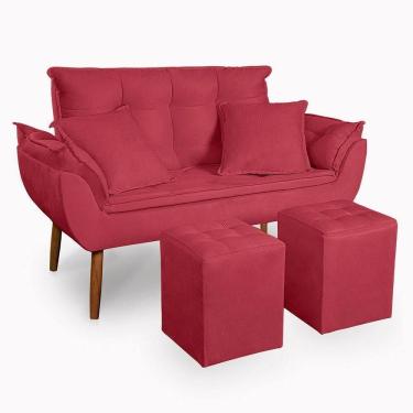 Imagem de Kit Poltrona Decorativa Namoradeira 2 Puffs Quadrado E 2 Almofadas Suede - Lm Decor Cor:vermelho