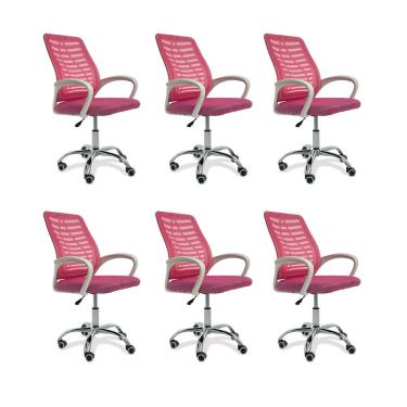 Imagem de Kit 6 Cadeiras De Escritório Esteirinha Mesh Ergonômica Giratória Rosa