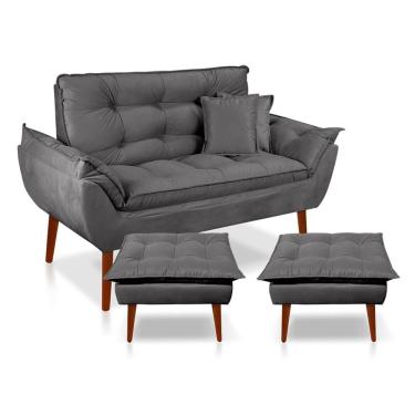 Imagem de Kit Poltrona Decorativa Namoradeira 2 Puffs Opala E 2 Almofadas Suede - Lm Decor Cinza Escuro