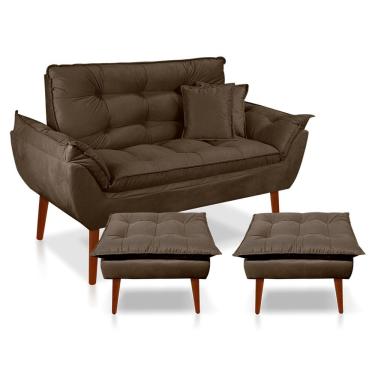 Imagem de Kit Poltrona Decorativa Namoradeira 2 Puffs Opala E 2 Almofadas Suede - Lm Decor Marrom