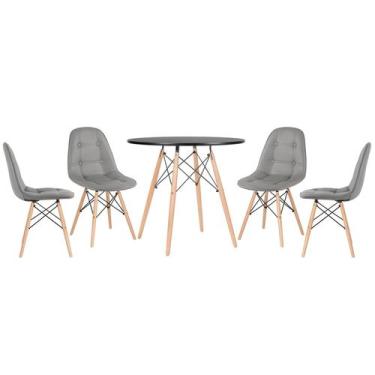 Imagem de Laraz, Mesa redonda Eames 80 cm preto + 4 cadeiras estofadas Eiffel Bo
