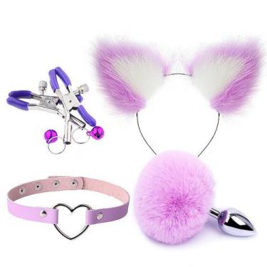 Imagem de Kit pet lilás - plug anal rabo de coelho, tiara orelhas, gargantilha e