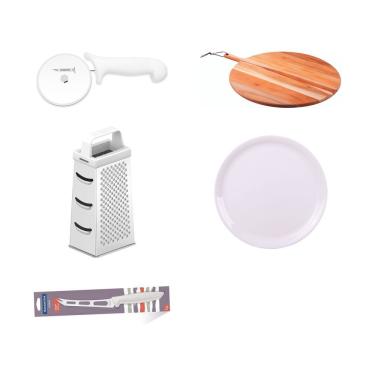 Imagem de Kit Pizzaiolo com Cortador de Pizza Tábua Redonda Ralador 4 Faces Prato e Faca de Queijo em Aço Inox Madeira Teca FSC