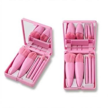 Imagem de Kit Pincel de Maquiagem com Espelho Estojo Compacto Rosa Claro - UNITY