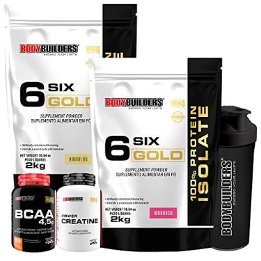 Imagem de KIT 2x Whey Isolado Six Gold 2kg + POWER Creatina 100g + BCAA 100g + Coqueteleira - Bodybuilders Sabor Morango e Baunilha