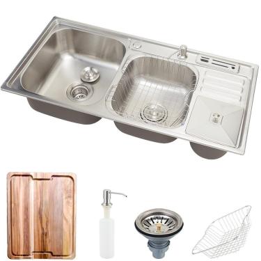 Imagem de Cuba Para Cozinha Pia Dupla Aço Inox Nukini Com Acessórios Lixeira E Tábua De Corte Pingoo.casa