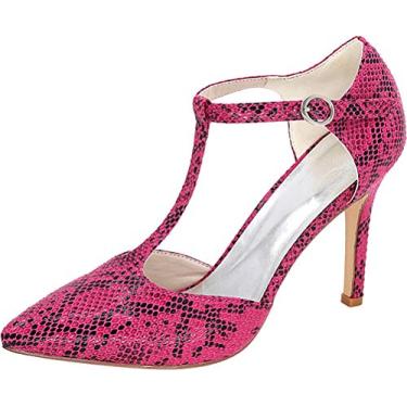 Imagem de Sapato feminino T Bar casamento salto 9,8 cm bico fino brvestido de festa noite PU salto dama de honra fechado slip on pele de cobra, Roxa, 6